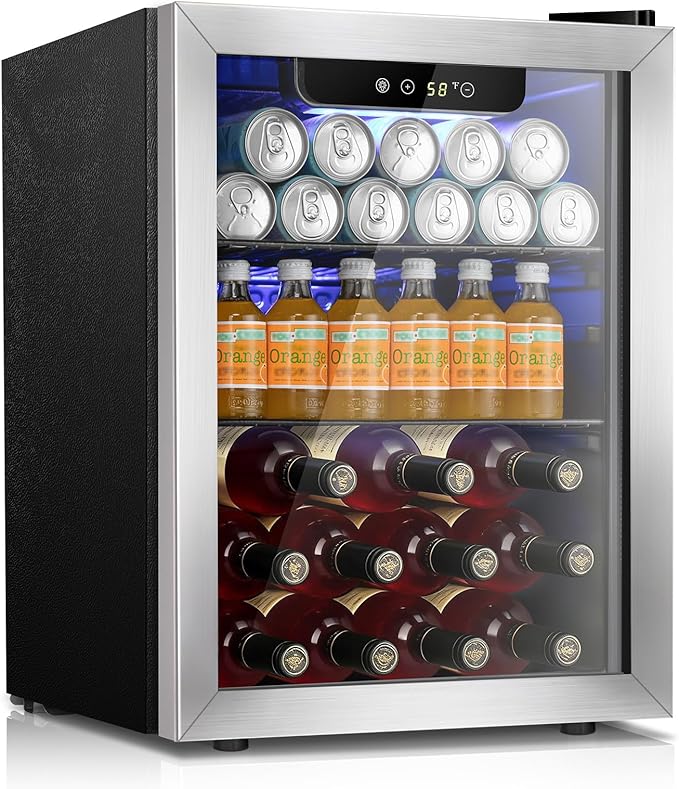Kismile Mini Refrigerator Beverage Cooler 48L Fridge Glass Door for 18 Bottle 68 Can,1.7 Cu.Ft Drink Fridge with Stainless Steel Outer Frame,Electronic Temperature Control for Home/Bar/Office 40-61℉