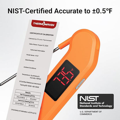 Professional Digital Meat Thermometer, 1 Sec Instant Read, ±0.5℉ Accuracy NIST&NSF Certified Food Thermometer, Auto-Rotate Bright LED Screen, Waterproof Cooking Thermometer for Grill BBQ, Orange