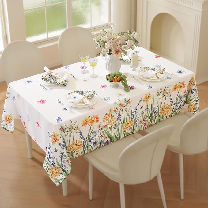 SASTYBALE Spring Summer Floral Tablecloth 60 x 120 Inch Rectangular, Wildflowers & Butterfly Pattern, Washable Wrinkle-Resistant Table Cover for Party, Picnic, Dinner & Home Decor