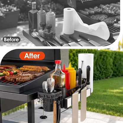 Griddle Caddy, Universal Griddles & Grill Caddy for Blackstone Accessories | with Windproof Paper Towel Holder & Magnetic Tool Holder & Knife, Fork, Skewer Holder & 6 J-Hooks