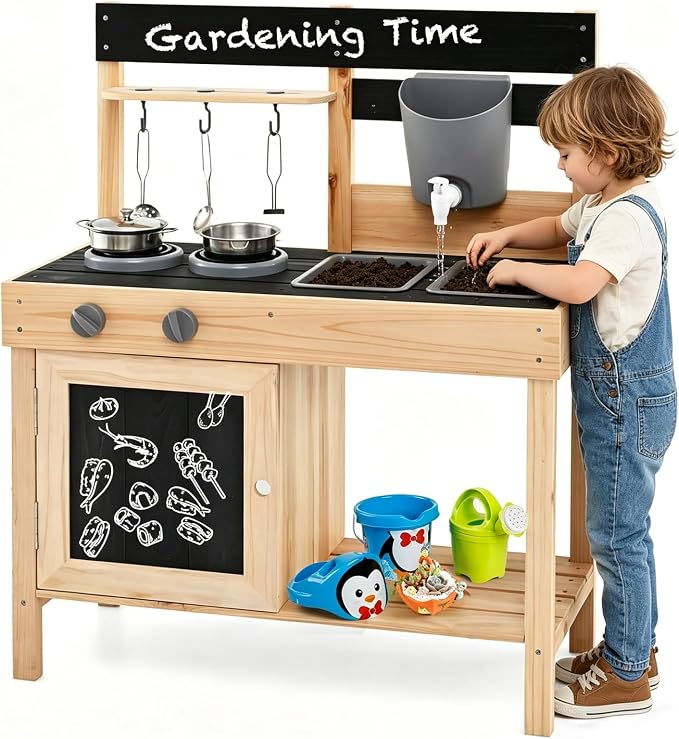 HONEY JOY Fir Wood Outdoor Play Kitchen for Toddlers, Realistic Faucet & Water Tank, Stoves, Sink, Storage Shelf, Outside Kitchen Playset, Mud Kitchen for Kids Outdoor Backyard