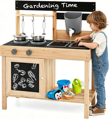 HONEY JOY Fir Wood Outdoor Play Kitchen for Toddlers, Realistic Faucet & Water Tank, Stoves, Sink, Storage Shelf, Outside Kitchen Playset, Mud Kitchen for Kids Outdoor Backyard