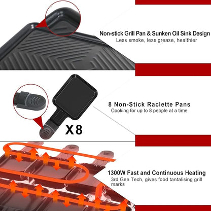 Raclette Grill, Raclette Table Grill, Korean BBQ Grill Indoor, 8 Trays | 1300W Adjustable Temperature Control, 8 Nonstick Cheese Pans, Dishwasher Safe for Family Dinners and Parties