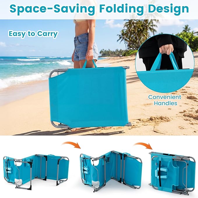 COSTWAY Tanning Chair with Face Hole, Folding Beach Lounge Chair with 4-Position Adjustable Backrest, Pillow & Side Pocket, Foldable Chaise Lounge Chair Outdoor for Sunbathing, Camping (2, Turquoise)