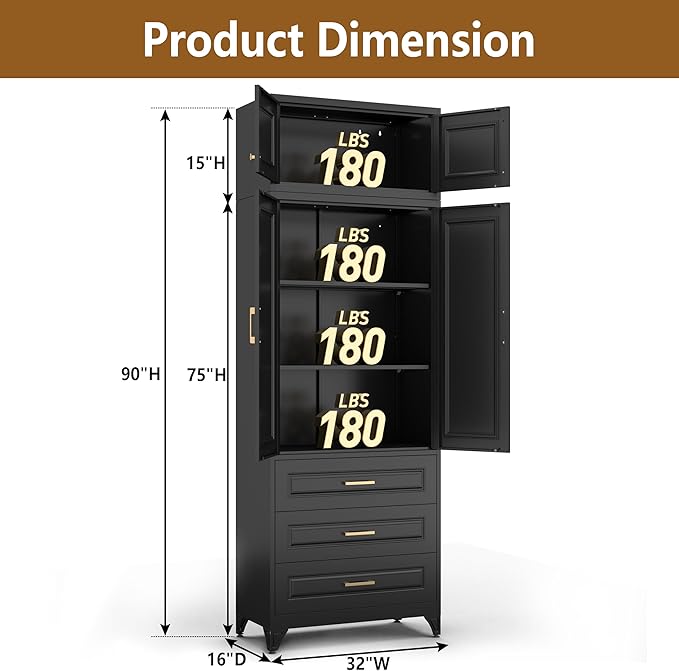 Polup Kitchen Pantry Cabinet, 90" Tall Cabinet with Three Drawers, Metal Food Pantry Cabinet and Shelves, Freestanding Cupboards for Dining, Living Room, Black,16" D x 32" W x 90" H, Assembly Required