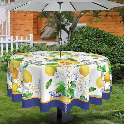 Honellaty 60 Inch Round Outdoor Tablecloth with Umbrella Hole and Zipper, Waterproof Wipeable Lemon Tablecloth for Patio Table, Backyard BBQ and Picnic