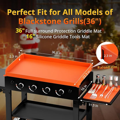 36" Blackstone Silicone Griddle Cover with 16" Silicone Spatula Tools Mat, Full-Edge Premium Food-Grade Grill Protective Cover BBQ Mat with Drip Pad for Blackstone Accessories, Griddle Protector