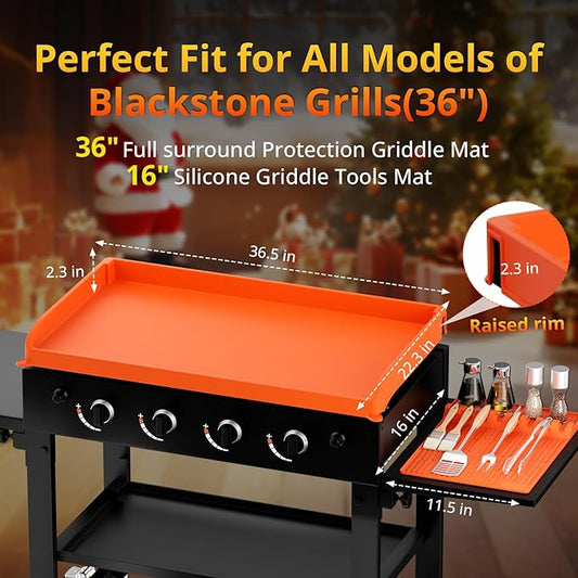 36" Blackstone Silicone Griddle Cover with 16" Silicone Spatula Tools Mat, Full-Edge Premium Food-Grade Grill Protective Cover BBQ Mat with Drip Pad for Blackstone Accessories, Griddle Protector