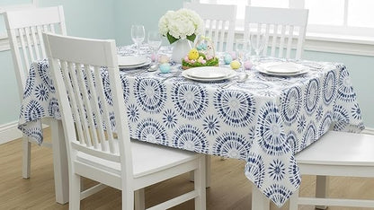 Newbridge Blue Tie Dye Vinyl Tablecloth, 60 x 120 Inch Rectangle – Flannel Backed Blue and White Table Cover for Dining, Picnics, BBQs, and Parties