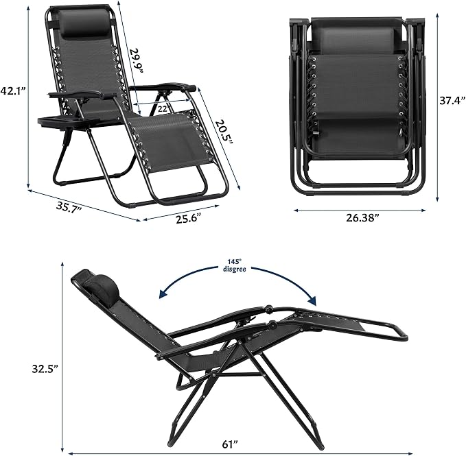 Greesum Zero Gravity Chairs Set of 2 Adjustable Steel Mesh Recliners Beach Deck Lawn Camping Patio Foldable Lounge Chair with Cup Holder Trays and Pillows,Dark Black
