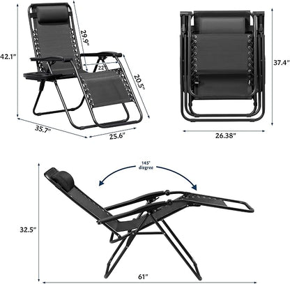 Greesum Zero Gravity Chairs Set of 2 Adjustable Steel Mesh Recliners Beach Deck Lawn Camping Patio Foldable Lounge Chair with Cup Holder Trays and Pillows,Dark Black