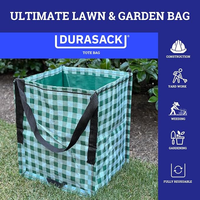 DURASACK Heavy Duty Storage Tote Bag 22-Gallon, Gingham Green | Rugged Woven Polypropylene Moving Bag, Reusable Self-Standing Design, Holds up to 500 Pounds