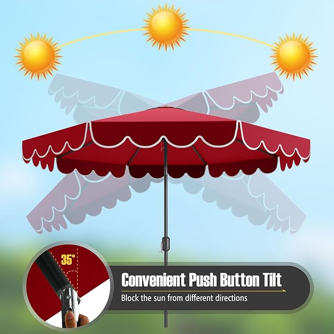 Tangkula 10 FT Patio Umbrella, 2-Tiers Scalloped Outdoor Table Market Umbrella with Tilt Adjustment, Crank, 8 Sturdy Ribs for Pool, Deck, Backyard (Red)