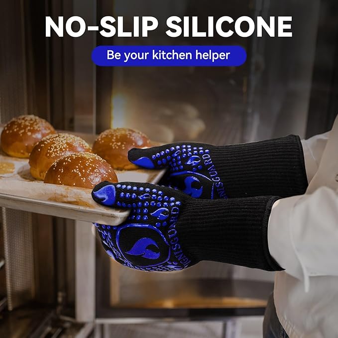 BBQ & Grill Gloves, Oven Gloves, 1472°F Silicone Oven Mitts Heat Resistant Grilling Gloves Fireproof Non-Slip for Barbecue Cooking Baking Smoking, 1-Pair (Blue, Medium)