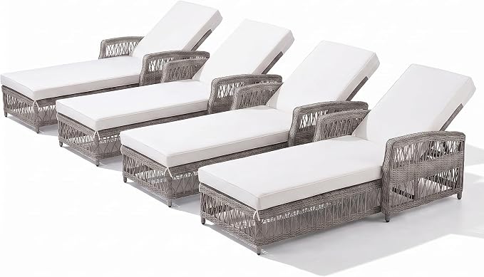 Merax Outdoor Rattan Chaise Lounge Set of 4, All-Weather Patio Recliners with 4-Position Adjustable Backrests, Armrests, and Removable Cushions for Poolside & Garden, Beige