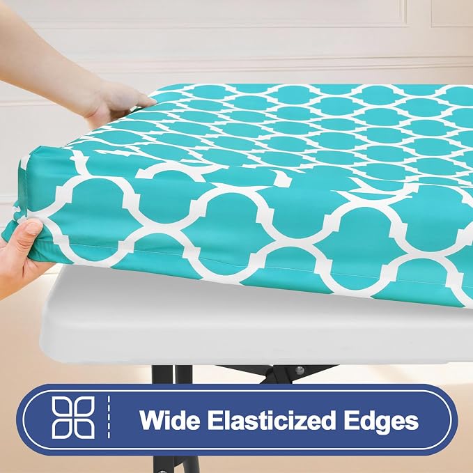 Smiry 2 Pack Rectangle Table Cloth 8 Foot, Waterproof Elastic Fitted Tablecloths, Windproof Washable Polyester Table Cover for Picnic, Camping, Outdoor (Aqua, 30"x96")