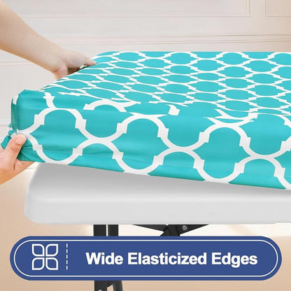 Smiry 2 Pack Rectangle Table Cloth 8 Foot, Waterproof Elastic Fitted Tablecloths, Windproof Washable Polyester Table Cover for Picnic, Camping, Outdoor (Aqua, 30"x96")