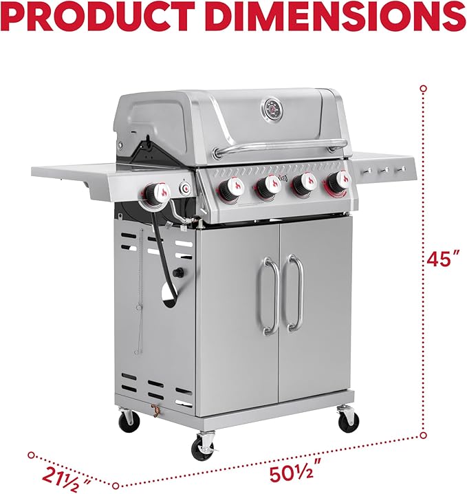 Feasto 4-Burner Propane Gas Grill w/Sear & Side Burner, Stainless Steel Construction w/Porcelain-Enameled Main Body, 49,500 BTU Outdoor BBQ Grill, 563 Sq. In. Cooking Area, Cabinet Storage, Silver