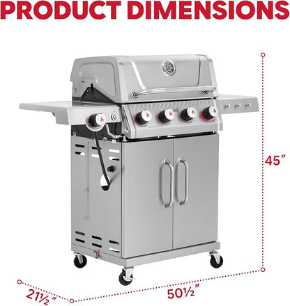 Feasto 4-Burner Propane Gas Grill w/Sear & Side Burner, Stainless Steel Construction w/Porcelain-Enameled Main Body, 49,500 BTU Outdoor BBQ Grill, 563 Sq. In. Cooking Area, Cabinet Storage, Silver