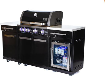 Mont Alpi 70"W x 24"D Black Stainless Steel Outdoor Kitchen Island with Refrigerator + 32"W 4-Burner BBQ Grill + Infrared Burner + Storage Cabinets + Granite Countertops + Natural Gas Conversion Kit