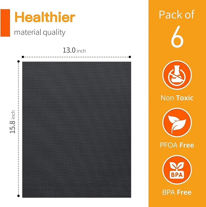 Grill Mats - Nonstick Teflon BBQ Mats, Reusable & Easy to Clean (Set of 6), 15.8 x 13-Inch, Black