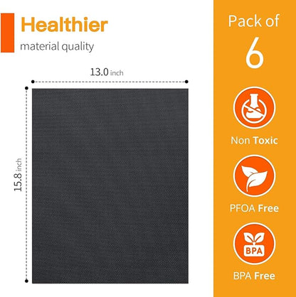 Grill Mats - Nonstick Teflon BBQ Mats, Reusable & Easy to Clean (Set of 6), 15.8 x 13-Inch, Black