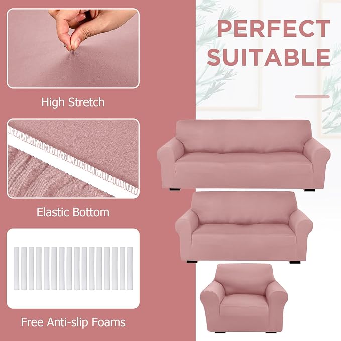 Peryiter 3 Pcs Couch and Loveseat Sofa Covers,Light Pink,Milk Silk | Armchair Covers for Living Room, Sofa Cushion Slipcover, Furniture Protector, Polyester and Spandex, Washable