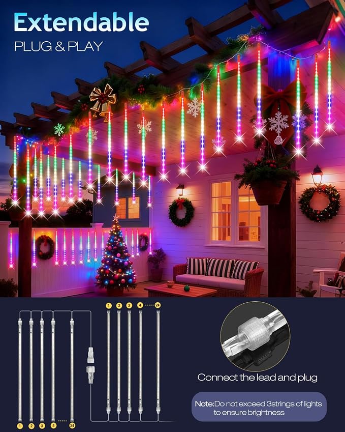 PEMOTech Christmas Lights Outdoor,24 Tubes 864 LED 20 Inch,Multicolor Meteor Shower Lights Outdoor,Waterproof Luces Navideñas para Exteriores,50 ft for Christmas Tree,Party,Garden Decor
