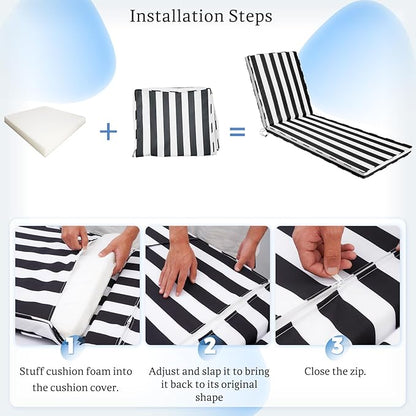 Chaise Lounge Cushions Outdoor, 80"x26"x3" Patio Lounge Chair Furniture Cushions with Washable Covers for Pool, Patio, Lawn (Black+White Stripes, 1 Pcs)