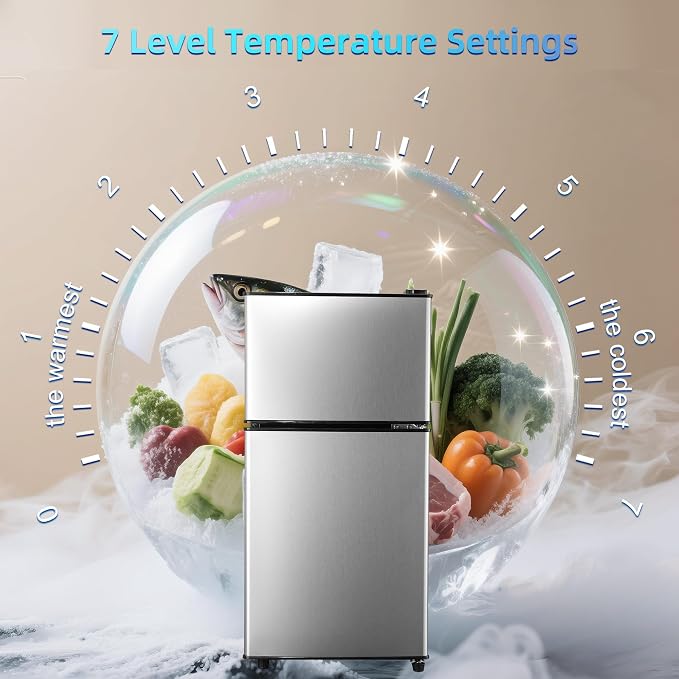 Mini Fridge with Freezer, 3.8 Cu. Ft Double Door Compact Fridge Silver Gray | Compact Refrigerator 7-Level Adjustable Thermostat, Small Fridge with Adjustable Glass Shelves for Home, Dorm, Office, Silver