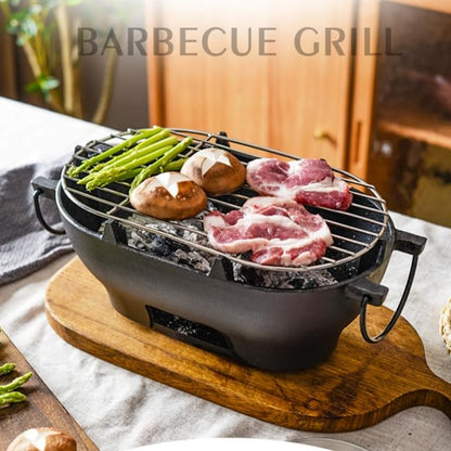 Mini Grill - 12 Inch Portable Cast Iron Outdoor Tabletop Grill - Handled Mini Japanese BBQ Charcoal Stove - Small Durable Camping Cast Iron Grill with Grate Hook