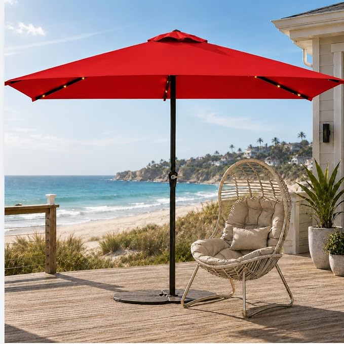 6.5 x 10ft Rectangular Patio Umbrella with Solar Lights, 16 LED Lighted Market Umbrella with Push-Button Tilt and Crank, 6 Sturdy Iron Ribs for Garden, Deck, Pool, Red