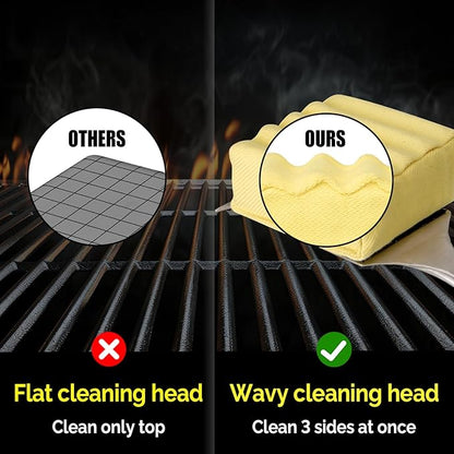 Bristle-Free Steam Cleaning Grill Brush — Features an Extended Luxurious Rosewood Handle and a Unique Wavy pad that Seamlessly fits cast Iron and Stainless Steel grates