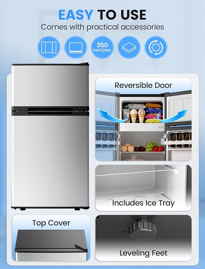 COWSAR 2.5 Cu.Ft Mini Fridge with Freezer, Double Reversible Door Compact Apartment Refrigerator with 2 Removable Shelves, Commercial Dorm Fridge for Bedroom, Office, Kitchen, Dorm, Silver