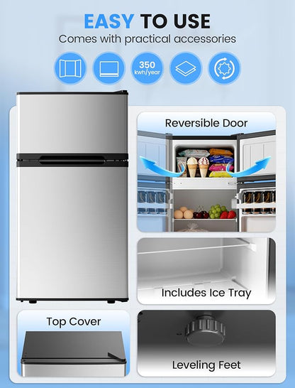 COWSAR 2.5 Cu.Ft Mini Fridge with Freezer, Double Reversible Door Compact Apartment Refrigerator with 2 Removable Shelves, Commercial Dorm Fridge for Bedroom, Office, Kitchen, Dorm, Silver