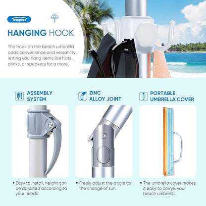 Tempera Heavy Duty High Wind Beach Umbrella with Sand Anchor & Carry Bag | Patio Outdoor Umbrella with Aluminum Frame and Push Button Tilt, Ideal for Travel Garden Lawn, UPF 60+