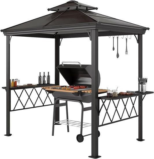 Portable Charcoal Grill Canopy – 8.9x4.9ft Outdoor BBQ Shelter with Vented Double-Tiered Roof & 6 Hooks, Aluminum Wind-Resistant Grill Cover for Backyard, Camping (Black/Coffee)