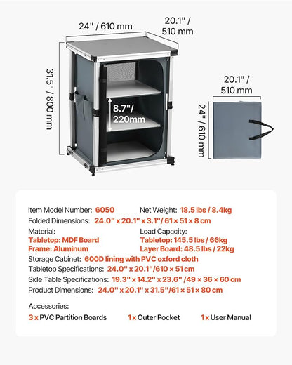 VEVOR Folding Camping Storage Cabinet, Outdoor Portable Aluminum Lightweight Table, Quick Set-up Compact Kitchen Cook Station, with 3 Shelves and Carry Bag, for Picnic, BBQ, Camping, RV Traveling