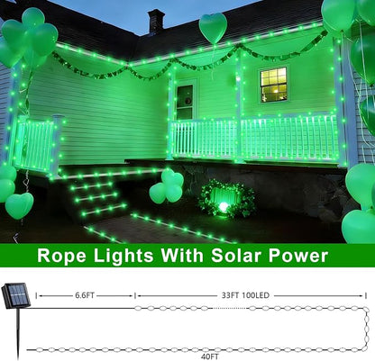 QITONG Green Solar Halloween Lights Outdoor Waterproof, 2 Pack Each 33ft 100 LED Rope Lights, Fairy Lights in Clear Thin Tube with 8 Modes