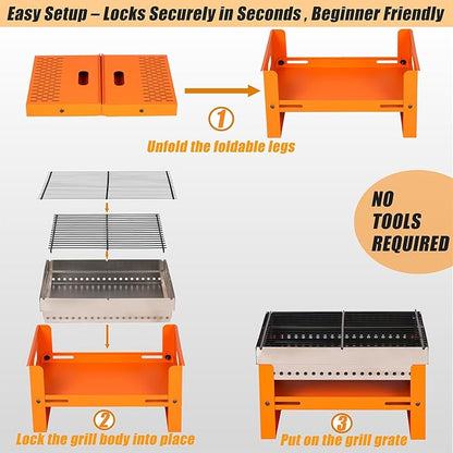 Portable Charcoal Grill, Small Tabletop BBQ, Foldable Mini Hibachi, Stainless Steel Camping Grill, Compact Outdoor Cooker for Picnic, Tailgating (Orange)