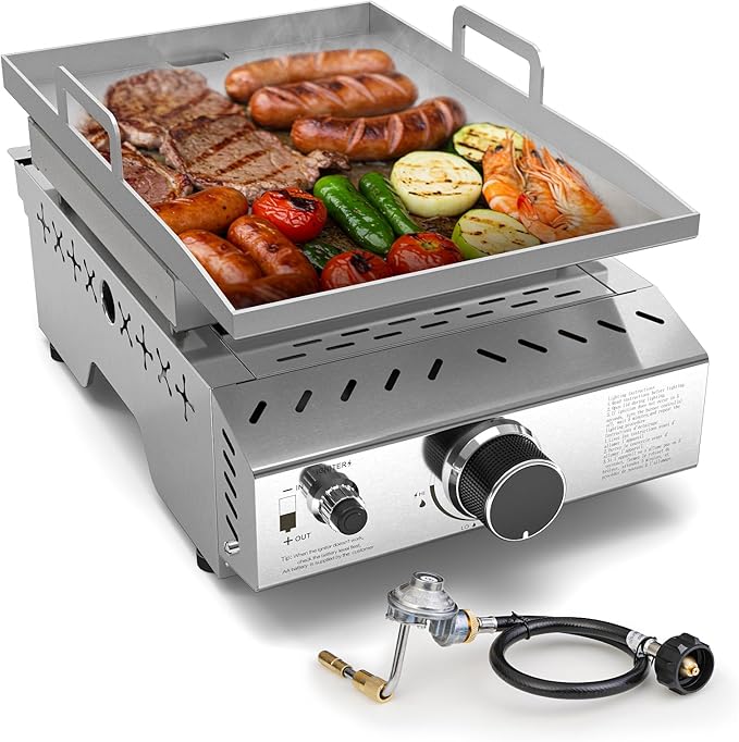 WAA Portable Propane Griddle, 8000BTU Tabletop Portable Propane Gas Grill with One Burner, Stainless Steel Flat Top Grill, Outdoor Cooking for Tailgating,Camping, RVs, BBQ, Patio, Silver