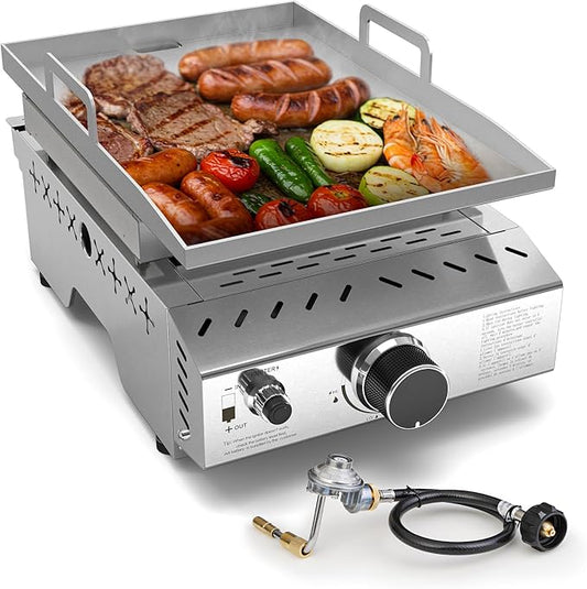WAA Portable Propane Griddle, 8000BTU Tabletop Portable Propane Gas Grill with One Burner, Stainless Steel Flat Top Grill, Outdoor Cooking for Tailgating,Camping, RVs, BBQ, Patio, Silver
