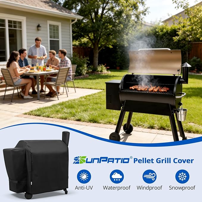 SunPatio Outdoor Heavy Duty Waterproof Grill Cover Compatible with Traeger 34 Series Wood Pellet Grill and Smoker, Texas and More, Full Length Barbecue Cover, All Weather Protection, Black