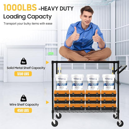 2-Tier Utility Cart with Wheels, Metal Cart with 1000LBS Capacity, NSF Heavy Duty Rolling Cart, Commercial Grade Serving Tool Storage Carts for Warehouse Garage Kitchen, 24"D x 40"W x 39"H, Black