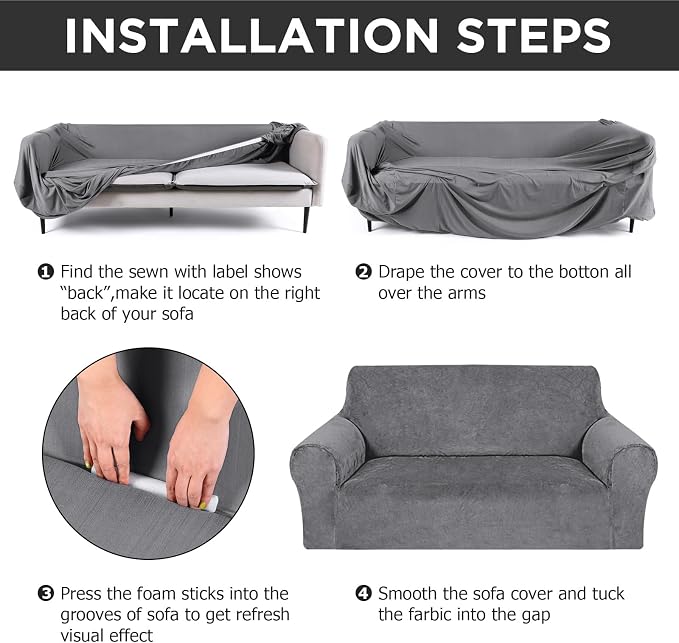 Peryiter 3 Pcs Couch and Loveseat Sofa Covers,Light Gray,Velvet | Armchair Covers for Living Room, Sofa Cushion Slipcover, Furniture Protector, Polyester and Spandex, Washable