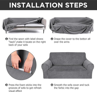 Peryiter 3 Pcs Couch and Loveseat Sofa Covers,Light Gray,Velvet | Armchair Covers for Living Room, Sofa Cushion Slipcover, Furniture Protector, Polyester and Spandex, Washable