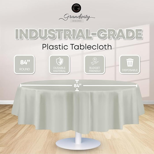 Grandipity 12 Pack Premium Disposable Plastic Tablecloth 84" Inch Decorative Round Table Cover - Light Grey
