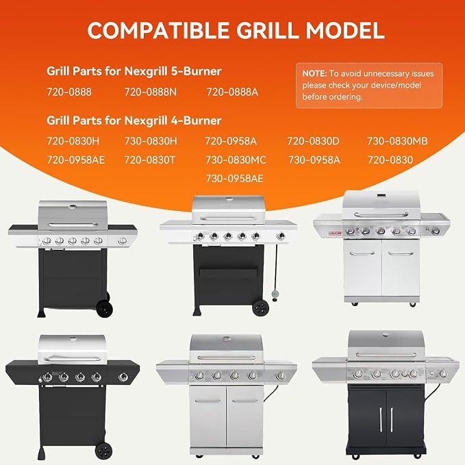 Grill Replacement Parts for Nexgrill 5-Burner 720-0888 720-0888N 720-0888A | 4-Burner 720-0830H 720-0830 Matte Cast Iron Cooking Grates, Porcelain Steel Heat Plate + Burner Tubes Kit for Nexgrill Parts