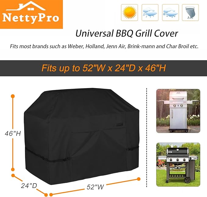 NettyPro Grill Cover for Outdoor Grill 52 Inch Waterproof Heavy Duty, Black | 2-3 Burner Gas BBQ Cover for Outside, UV Protection, Windproof Strap, Air Vent, Fits Weber, Char-Broil, Brinkmann Barbecue