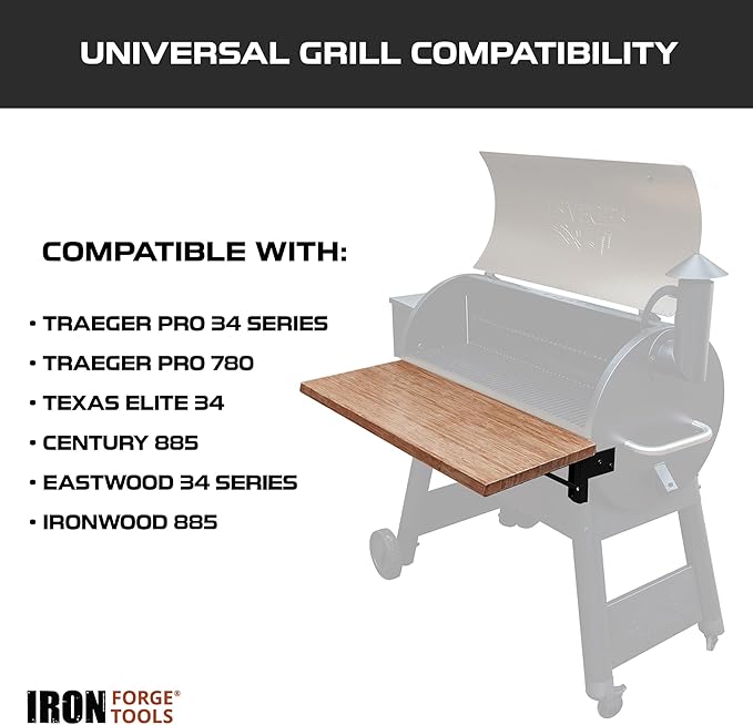 Iron Forge Tools 26x12 Wood Folding Grill Shelf Accessory - Charcoal Grill Accessories for Pellet Smoker Barbeque - Compatible with Traeger Pro 22, Pro 575, Ironwood 650 Series Texas Elite, Eastwood